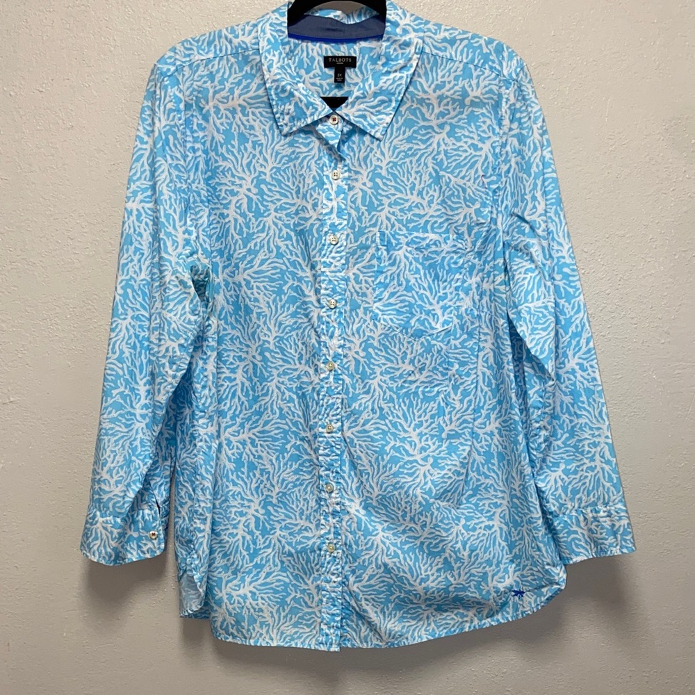 Talbots Plus Size Blue White Print Roll Tab Cottagecore Button Down Shirt 3654